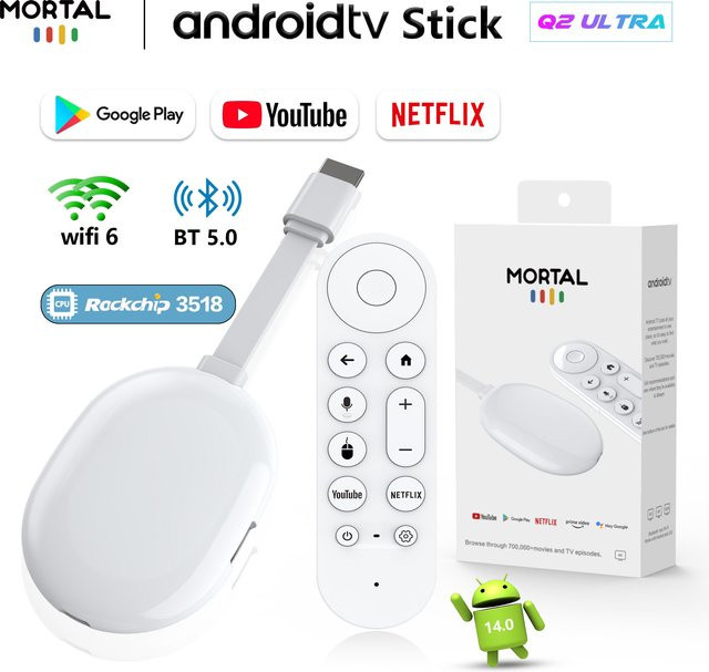 LVMAO Q2 Ultra 4K HDR Media Streamer Android 14 TV Stick in Weiß mit Sprachfernbedienung, Bluetooth und Wi-Fi 6, 2GB RAM, 16GB Speicher - Bild 1