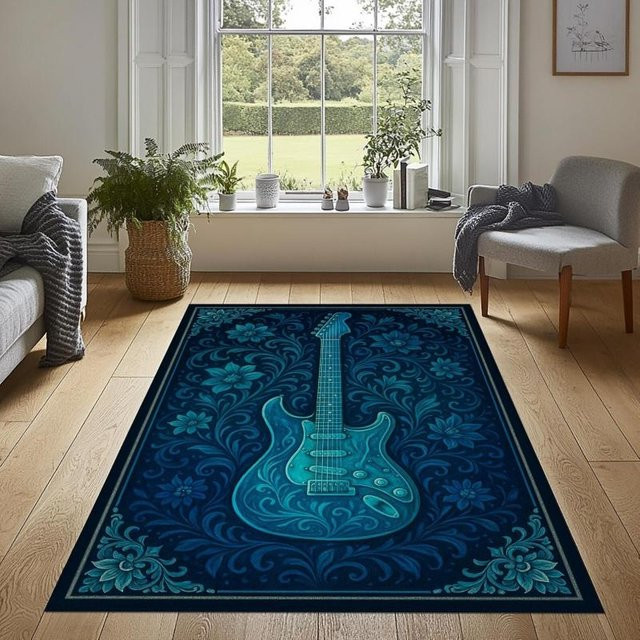 LOLO IU Musik-Teppich mit Klaviertastenrand und Violinschlüssel, Schwarz-Weiß, rutschfest und waschbar, B/T: 120 x 160 cm - Bild 1