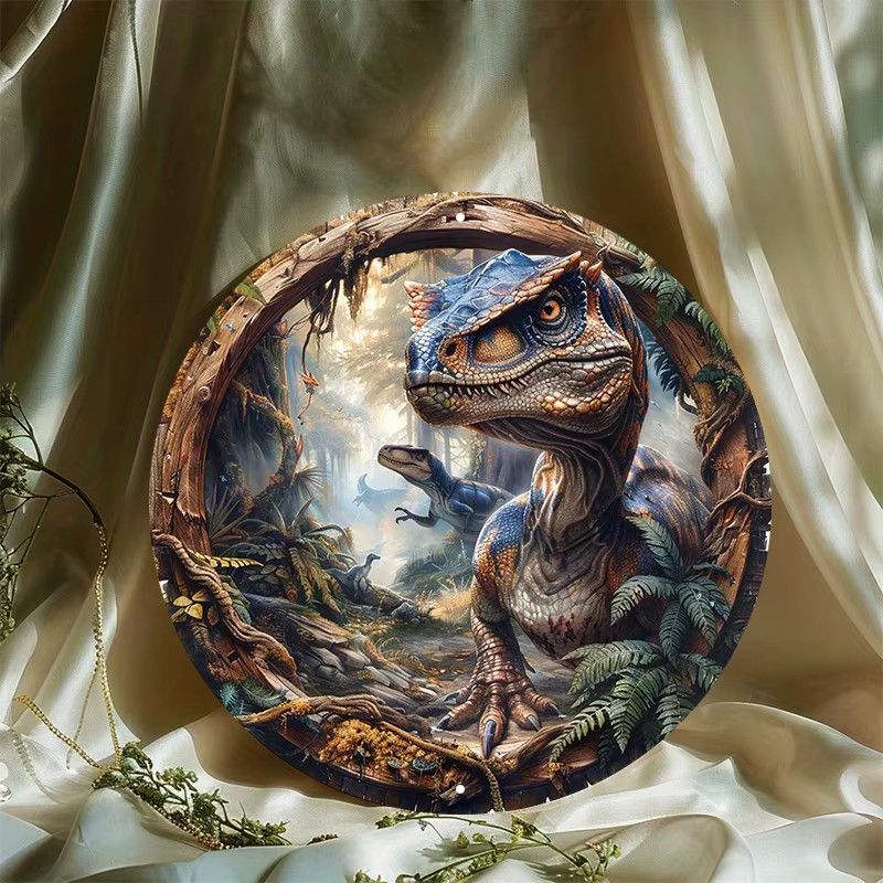 Potdemiel Velociraptor Wandkunst aus Aluminium, rundes Dinosaurier-Dekor für drinnen und draußen, Durchmesser: 20,32 cm - Bild 2