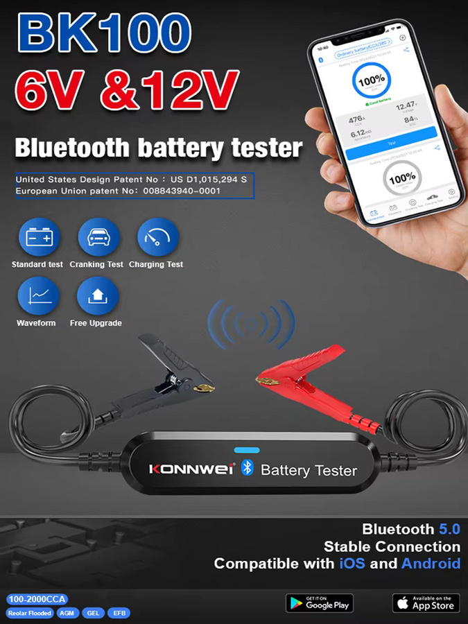 KONNWEI BK100 Bluetooth 5.0 Batterietester für Auto und Motorrad, 12V Batteriemonitor mit 100-2000 CCA Lade- und Startstromtest, Schwarz - Bild 7