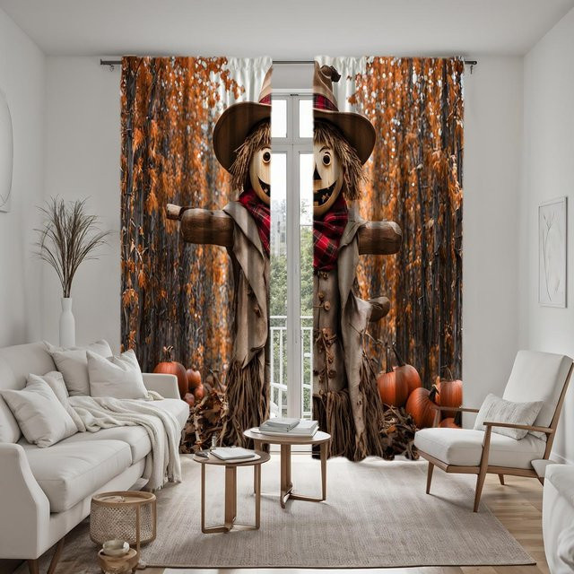 2er-Set dekorative Vorhänge mit Wald- und Baum-Motiv in Schwarz und Gelb, B: 132 cm, H: 160 cm - Bild 1