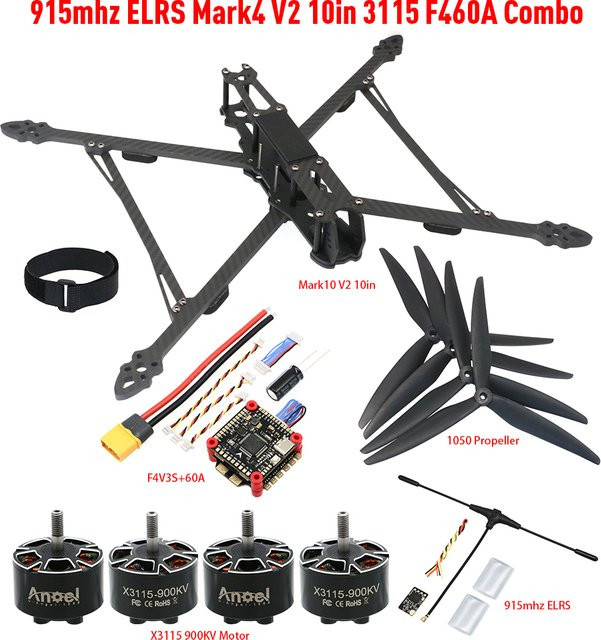 Hot RC FPV-Drohnen-Kit mit Mark4 V2 10-Zoll-Rahmen, X3115 900KV-Motoren, 1050 3-Blattpropellern und F4V3S PLUS 60A Stack in Schwarz - Bild 1