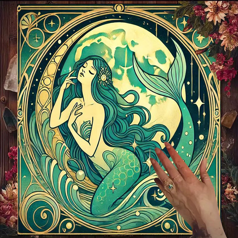 VIKAMA Tarot-Karten Altartuch im Jugendstil mit Mond-Meer-Meerjungfrau Motiv, Multicolour Meditationsmatte und Wahsagematte - Bild 2