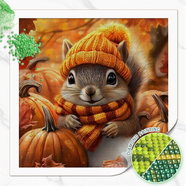 Huacan Diamantgemälde Eichhörnchen und Kürbis als Tierlandschaft in Mehrfarbig, B/H: 20 x 20 cm - Bild 1