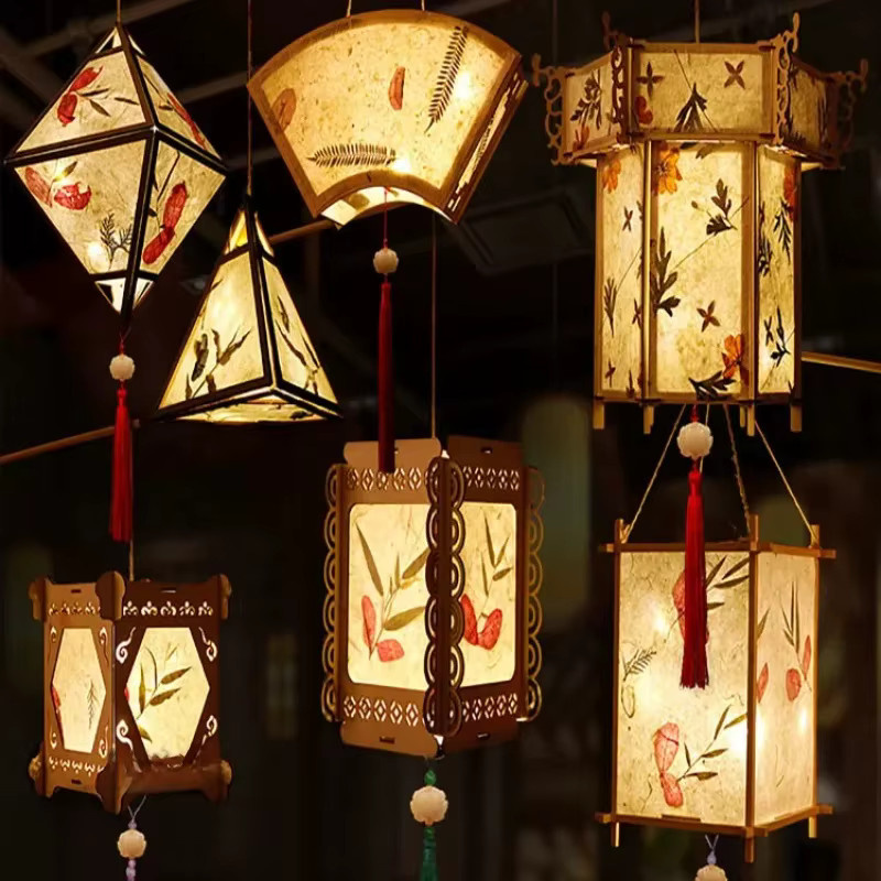 Chinesische DIY-Palastlaterne im Retro-Stil aus Papier und Holz, tragbare Blüten-Lichtlampe in Braun und Multicolour mit warmweißem Licht - Bild 3