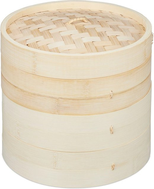 Relaxdays Dampfgarer aus Bambus mit 3 Etagen, beige, rund, Durchmesser: 24 cm, 1 kg - Bild 1