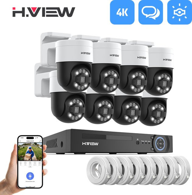 H.view 8-Kanal 4K 5MP 8MP CCTV Überwachungskamerasystem mit PTZ IP-Kameras und Humanoidenerkennung, Weiß - Bild 1
