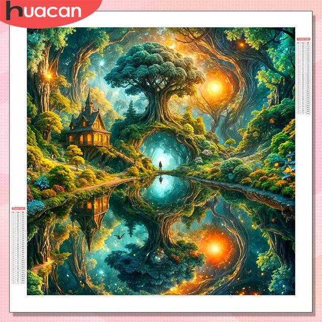 HUACAN Diamantmalerei Baum-Landschaft als Handarbeit-Set mit Strass-Mosaik in Multicolour zur Wanddekoration - Bild 1