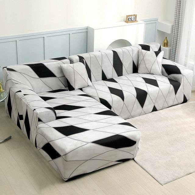 WEN-july Stretch-Sofabezug für L-förmige Sofas, 2er und 3er Set, grau mit geometrischem Muster, elastisch und rutschfest, 100% Polyester - Bild 1