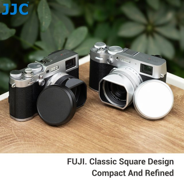 JJC Metall-Quadrat-Gegenlichtblende mit Adapterring und Objektivkappe für Fujifilm X100VI und X100V in Silber - Bild 1
