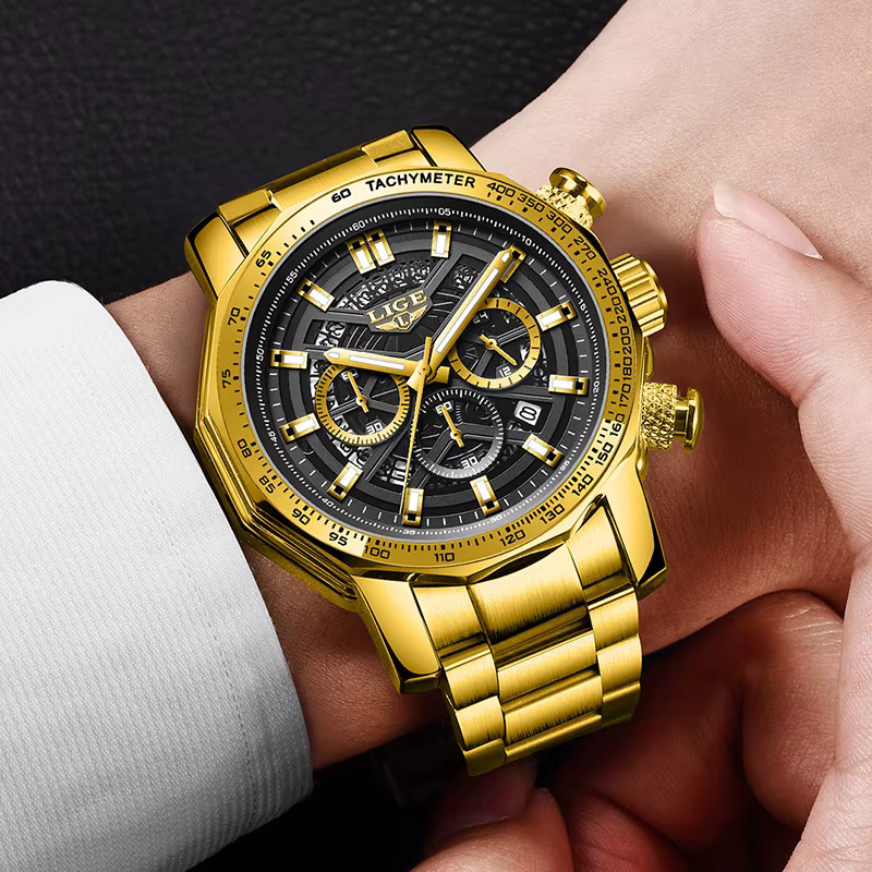 LIGE Chronograph Armbanduhr, Quarz, Edelstahl, Gold, Herren - Bild 5