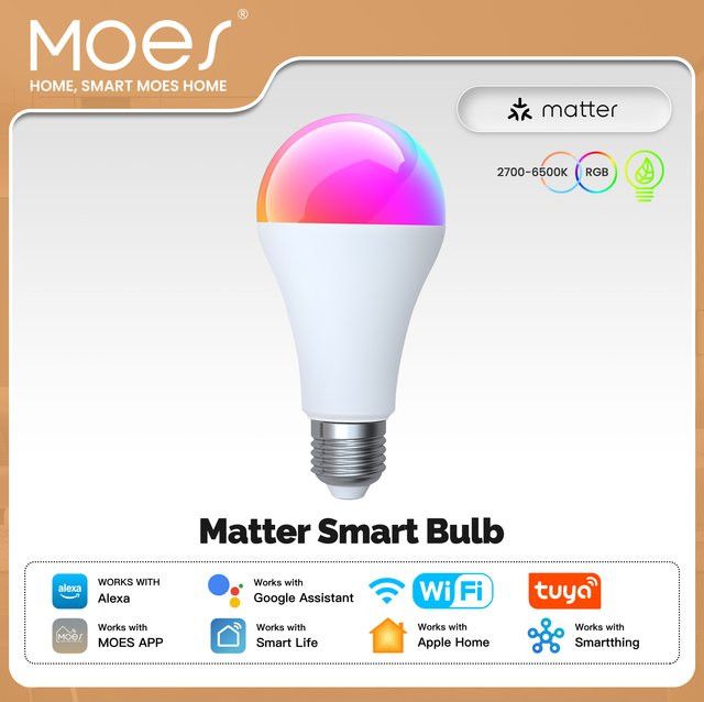 MOES Tuya Matter WiFi Smart E27 LED-Glühbirne, dimmbare RGB Kerzenlampe mit 16 Millionen Farben und Sprachsteuerung für Alexa und Google Home - Bild 1
