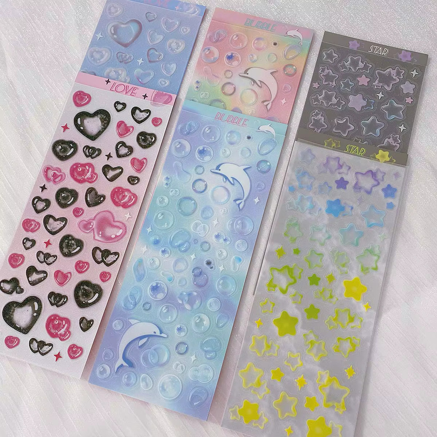 Guka Aufkleber im koreanischen Ins-Stil mit Sternen und Blasen, transparente matte Laser-Aufkleber aus PET für dein DIY Journal - Bild 1