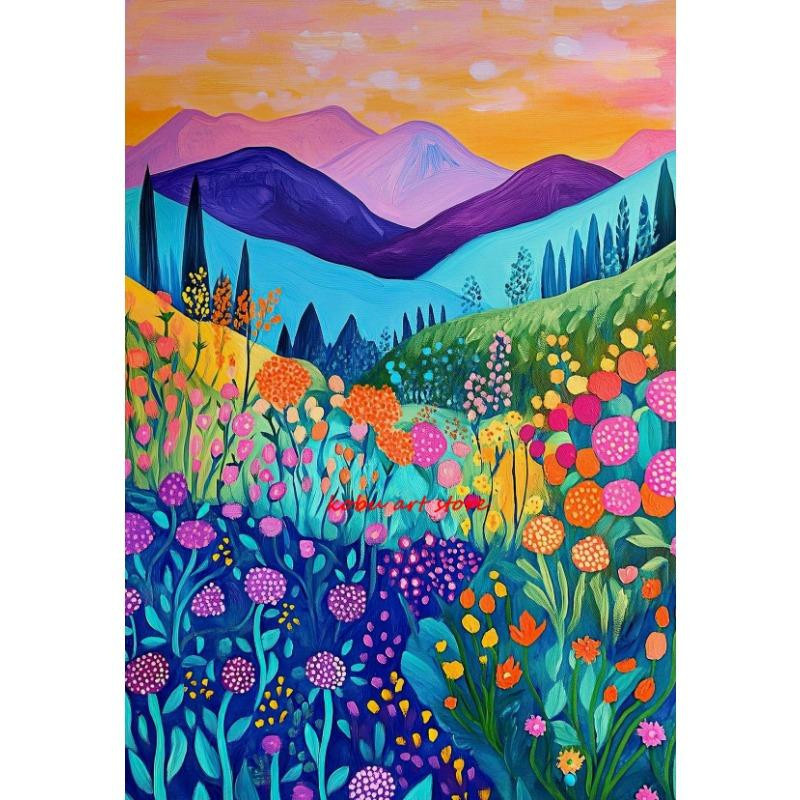 Dopudu Art Museum Abstrakte Landschaft mit Bergen und Blumen Leinwandmalerei, Bunt, Breite: 40 cm, Höhe: 60 cm - Bild 3