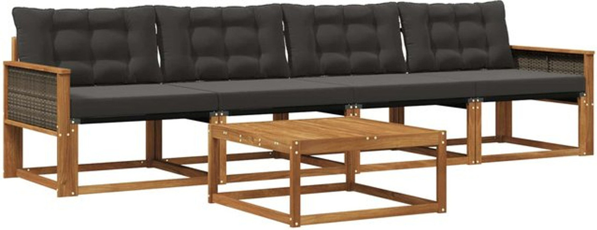 vidaXL Outdoor-Sofagarnitur aus Akazienholz mit 5 Teilen und Kissen in Natur und Schwarz - Bild 1