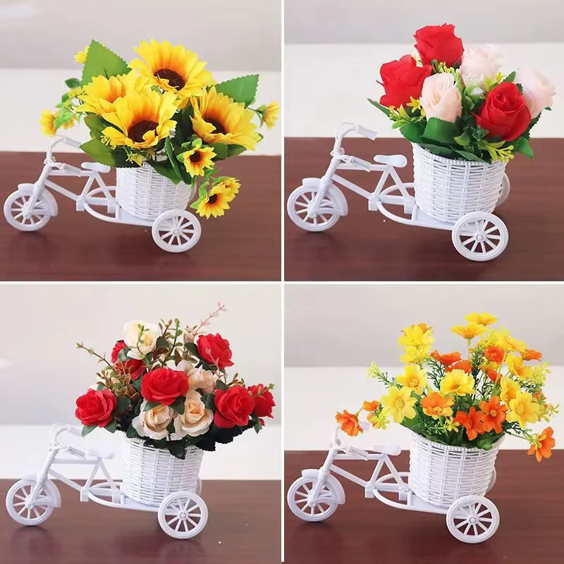 SHNGki Rattan Blumenkorb als Dekoration in Form eines Dreirad-Fahrrad-Modells in Weiß für Hochzeit und Party - Bild 5