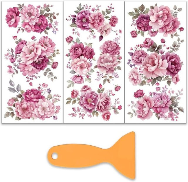 3er Set Pfingstrosen Möbelaufkleber in Rosa und Lila für Möbel und Kunsthandwerk, B: 30,5 cm, H: 15,2 cm - Bild 1
