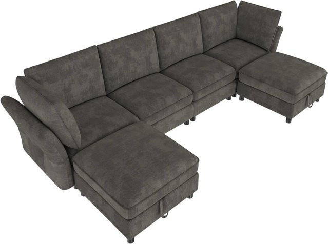 Merax Ecksofa U-Form 6-Sitzer in Grau mit Hocker und Stauraum aus Chenille - Bild 1
