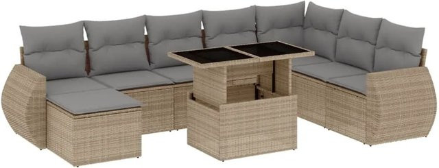 vidaXL 9-teilige Garten-Sofagarnitur in L-Form aus PE-Rattan und pulverbeschichtetem Stahl mit Kissen in Beige-Grau - Bild 1