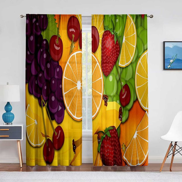 Yiran Furniture Erdbeerfrucht Vorhänge mit Erdbeer-Motiv, 2er-Set semi-transparent, Mehrfarbig, B: 100 cm, H: 130 cm - Bild 1