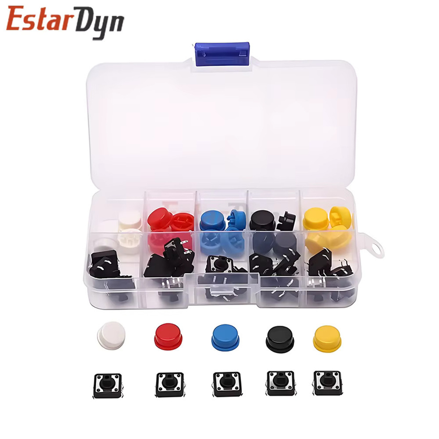 Estardyn Set aus 25 taktilen Drucktastenschaltern mit 5 farbigen Kappen, Mikroschalter für PCB DIY Elektronikprojekte, B/T/H: 12 x 12 x 0,73 cm - Bild 2