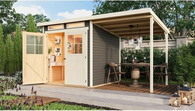 Karibu Holz-Gartenhaus Genf 3 in Terragrau aus nordischer Fichte mit Pultdach und Verglasung, B/T: 397 x 213 cm - Bild 1
