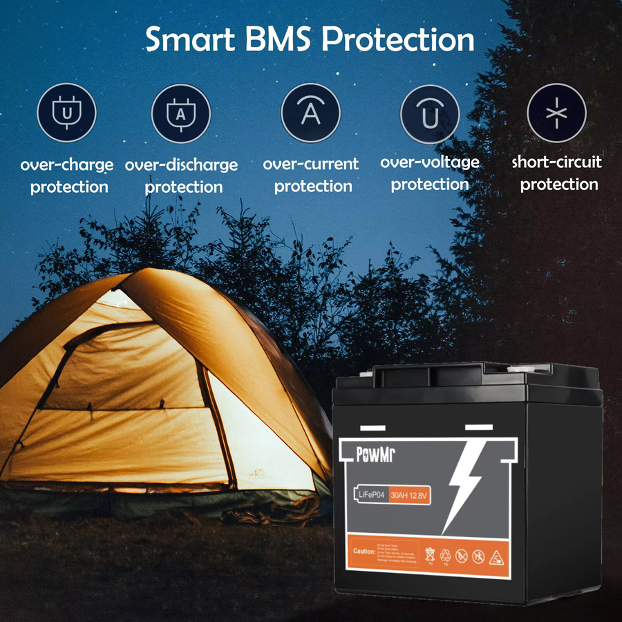 PowMr LiFePO4 Batterie 12,8V 30Ah mit integriertem BMS, 384Wh, Schwarz - Bild 3