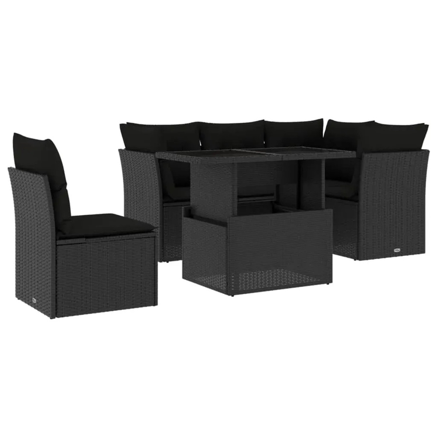vidaXL 6-teilige Garten-Sofagarnitur in L-Form aus Poly-Rattan mit Kissen und Tisch, Schwarz - Bild 2
