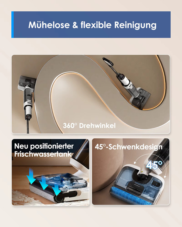 Tineco Floor ONE S6 Stretch Lite Nass Trockensauger in Weiß mit 180 Grad Lay-Flat Funktion, beidseitiger Kantenreinigung und idealer Eignung für Tierhaare sowie niedrige Möbel, 40 Minuten Laufzeit - Bild 5