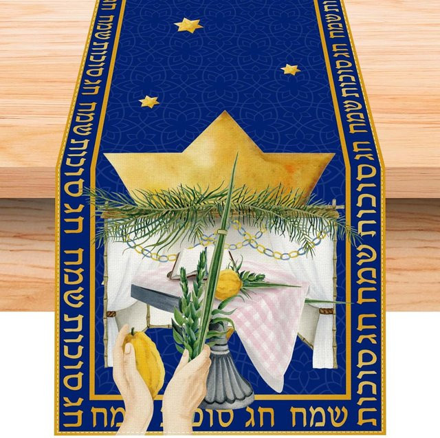 JMG Household Supplies Tischläufer Sukkot Laubhütten aus Leinen, Blau, Breite: 150 cm, Tiefe: 33 cm - Bild 1