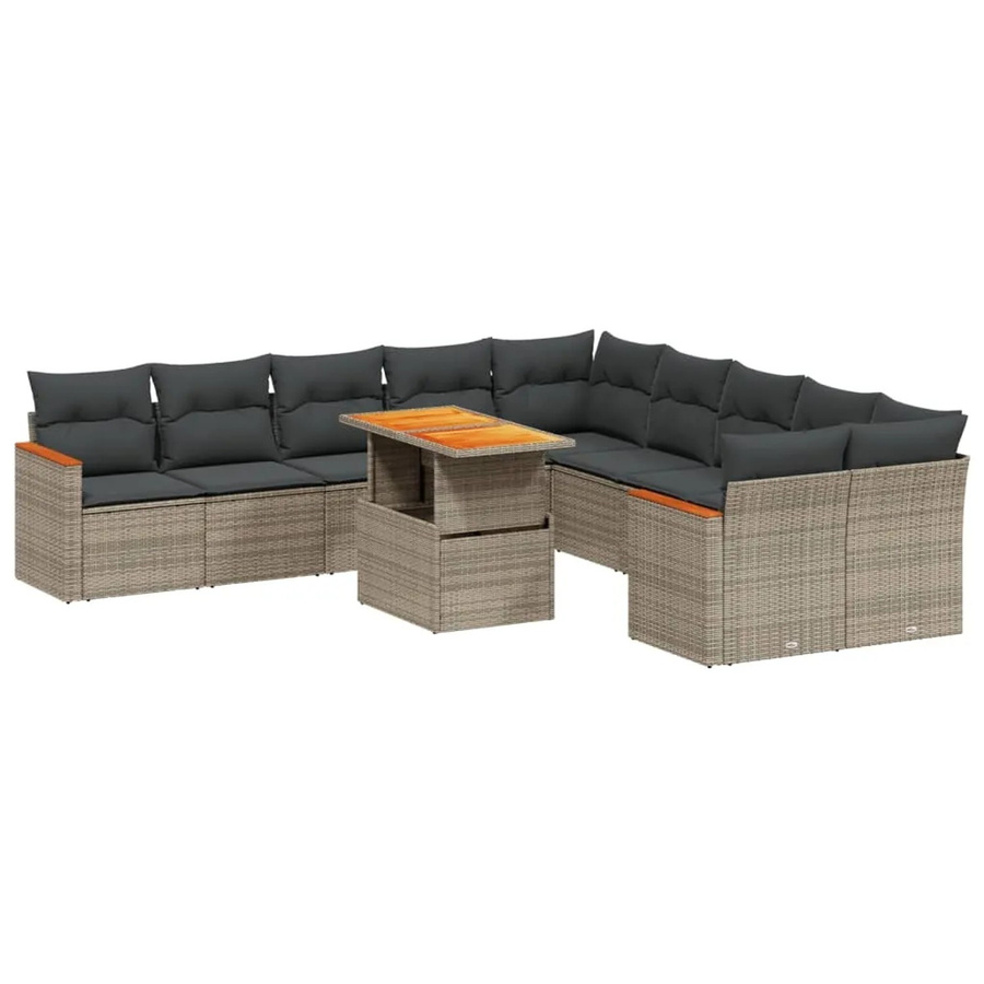 vidaXL 11-teilige Garten-Sofagarnitur in L-Form aus Polyrattan und Akazienholz mit Kissen, Grau - Bild 2