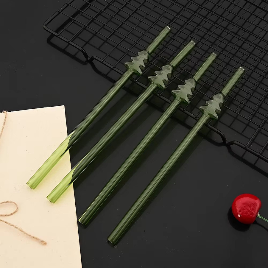 Weihnachtsbaum Glas Stroh Set aus Borosilikatglas in Transparent und Grün mit Reinigungsbürste für Cocktails, Tee und Säfte - Bild 2