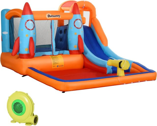 Outsunny Hüpfburg mit Pool und Rutsche bunt mit Raketen ab 3-8 Jahren - Bild 1