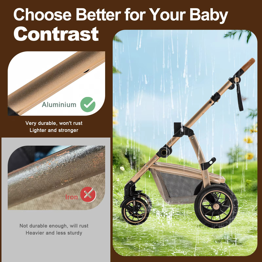 Multifunktionaler 3 in 1 Reisekinderwagen mit Aluminiumrahmen und Babywanne, faltbar, Pink/Beige - Bild 5
