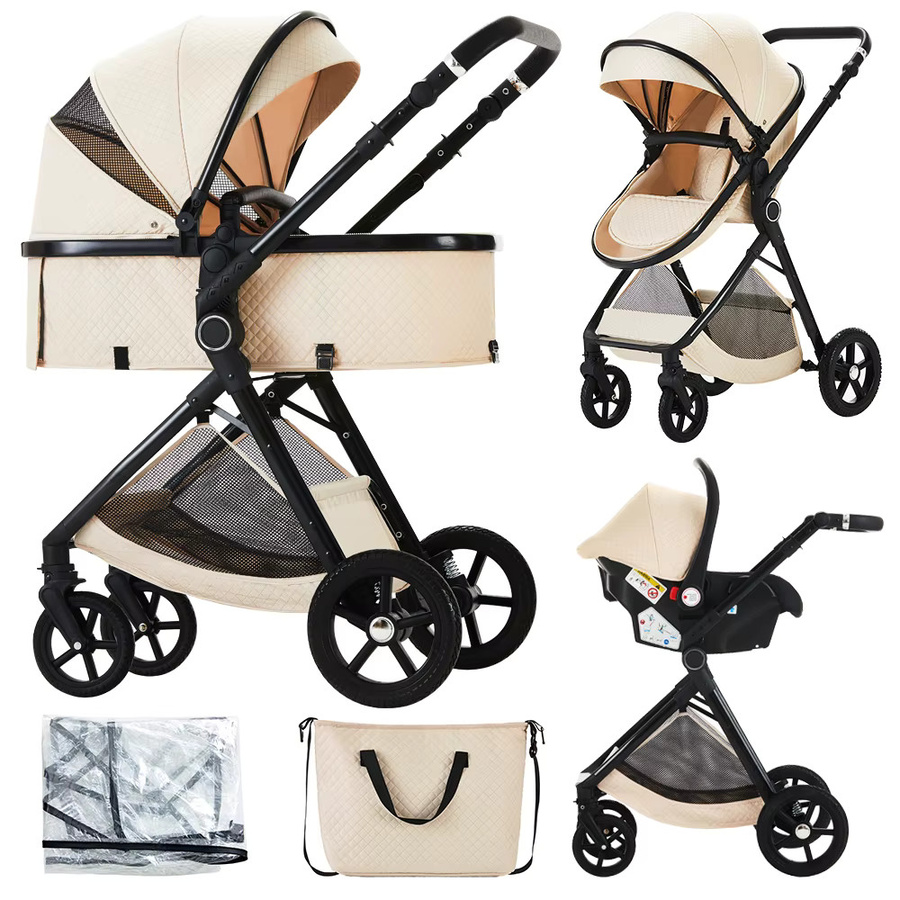 B.childhood 3-in-1 Kombi-Kinderwagen mit Autositz und Babywanne in Beige, umwandelbarer und faltbarer Reisekinderwagen - Bild 1