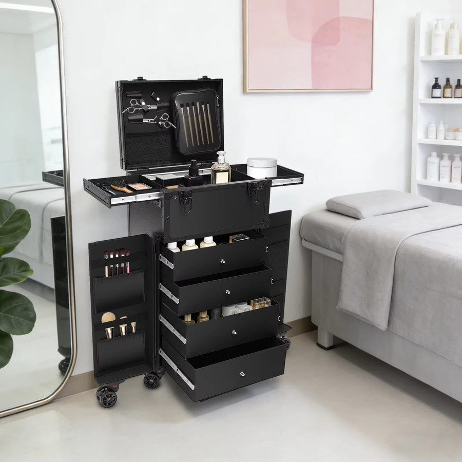 Bymaocar Rollkoffer für Make-up und Kosmetik in Schwarz mit 6 Rollen und Schubladen-Organizer aus Aluminium und ABS - Bild 2