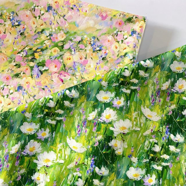 YANJUE Baumwollstoff mit abstraktem Blumen-Ölgemäldruck und Gänseblümchen-Wildblumenmuster in Grün und Multicolour für DIY-Nähprojekte - Bild 1