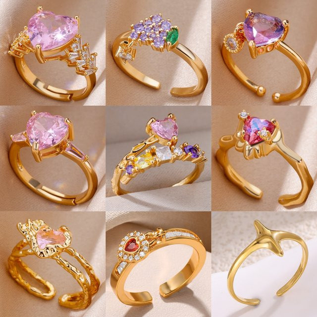 HPTOTMG Herz-Ring, 18K Vergoldet, Rosa Zirkonia, Damen - Bild 1