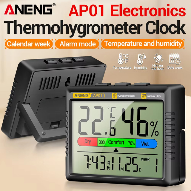ANENG AP01 LCD Digital-Thermometer Hygrometer mit Wecker und Wetterstation für dein Zuhause in Schwarz oder Weiß - Bild 1