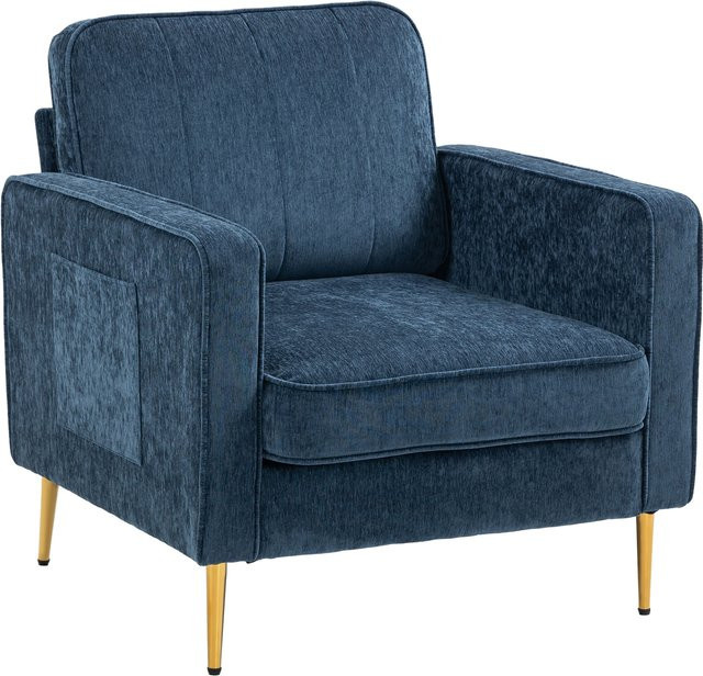 Aosom HOMCOM Wohnzimmersessel Blau mit goldenen Stahlbeinen und Seitentaschen - Bild 1