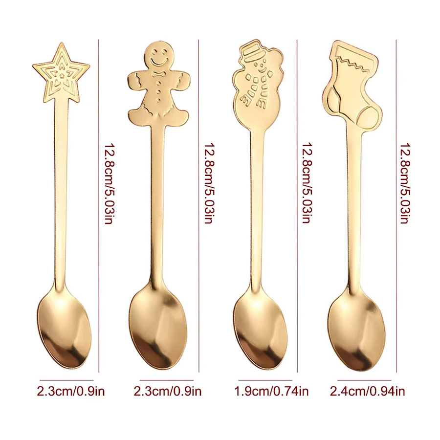 Uniturcky Dessertlöffel Set mit Elch- und Weihnachtsbaum-Motiv, 4 Stück, Gold und Silber, Metall poliert - Bild 3