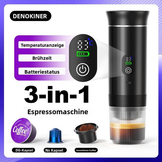 DENOKIN Tragbare 3-in-1 Espresso-Kaffeemaschine mit Digitalanzeige für Auto und Camping, Farbe: Schwarz - Bild 1