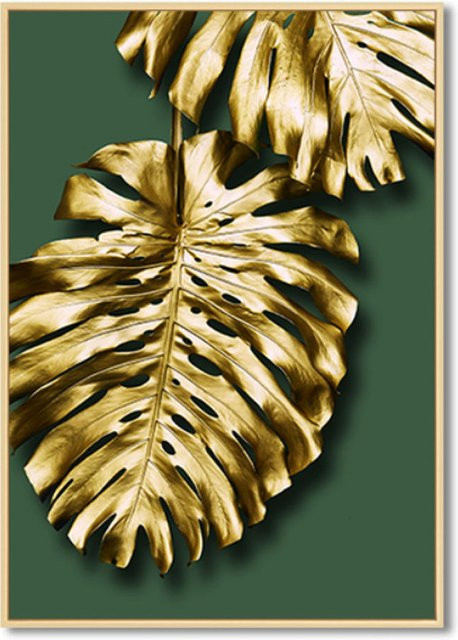 TPFLiving Luxus Poster Leinwand Set Modell C mit goldenen Blättern auf grünem und weißem Hintergrund, 3er Set, B: 35 cm, H: 50 cm - Bild 1