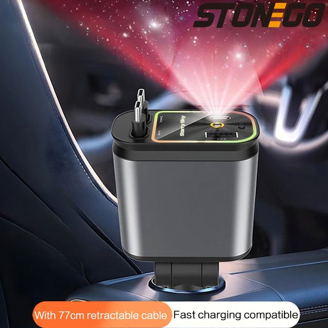 4-in-1 Einziehbares Autoladegerät mit USB-Typ-C-Kabel und 2 USB-C Ladeanschlüssen in Schwarz - Bild 1