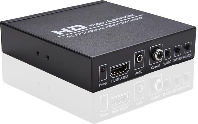 Andoer SCART zu HD Videokonverter in Schwarz mit 720P/1080P-Schalter, PAL/NTSC-Umschaltung und 3,5-mm-Audio-Koaxialausgang - Bild 1