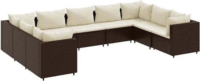 vidaXL 9-tlg. Garten-Lounge-Set in L-Form aus Poly-Rattan mit Kissen, Braun und Weiß - Bild 1
