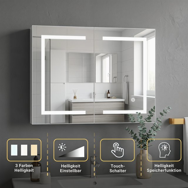 Anajqaqia Badezimmer-Spiegelschrank in Weiß mit LED-Beleuchtung und Touch-Sensor, B/H/T: 80 x 60 x 13,5 cm - Bild 1