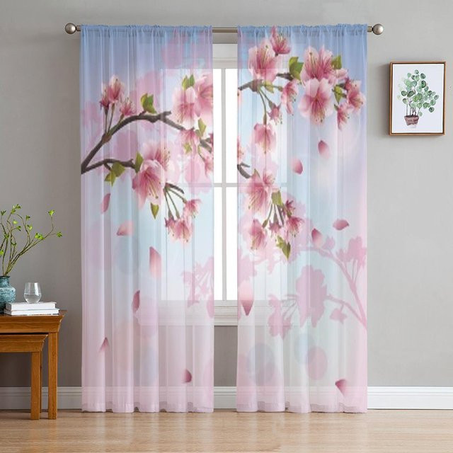 Super Six Sakura Blossom Transparenter Chiffon-Vorhang mit floralem Kirschbaum-Design, Grau, Breite: 135 cm, Höhe: 114 cm - Bild 1