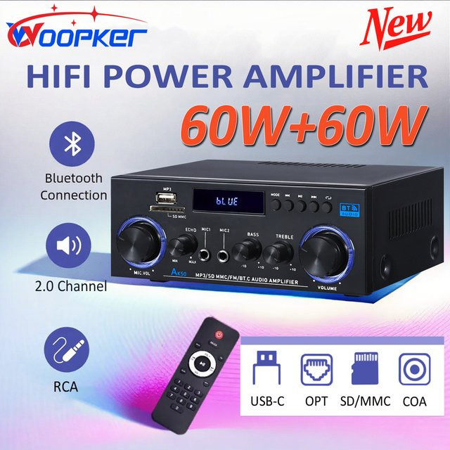 WOOPKER AK50 HiFi Digital Bluetooth Stereo Verstärker mit 2x 60W, FM, USB und AUX in Schwarz - Bild 1