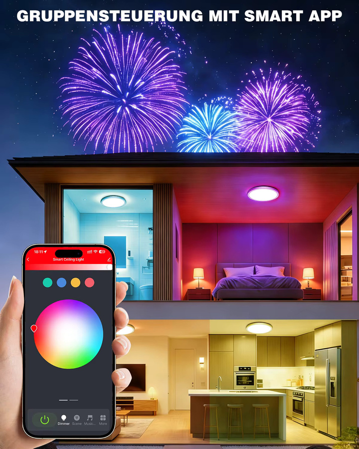 4er-Set Oraymin RGB Smart LED Deckenleuchten in Weiß, Durchmesser: 30 cm, 24W, dimmbar mit Fernbedienung, Alexa-kompatibel, IP54, rund für Wohnzimmer und Schlafzimmer - Bild 3